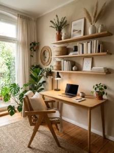 Earthy office with floating wood shelves and relaxed neutral styling