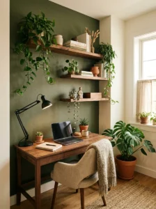 Olive green earthy office with walnut desk and cozy neutral textures