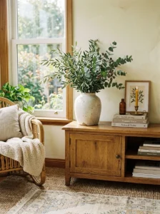 Seasonal greenery and branches styled in ceramic vases