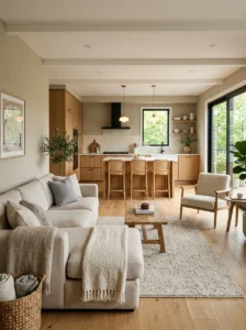 Alt Text: Open kitchen connected seamlessly to a stylish living room.