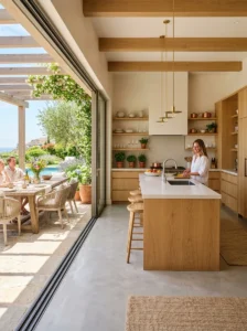 Alt Text: Open kitchen connected to an outdoor patio through glass doors.