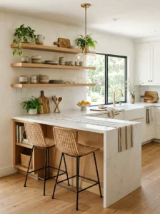Alt Text: Open kitchen with natural wood accents and warm textures.