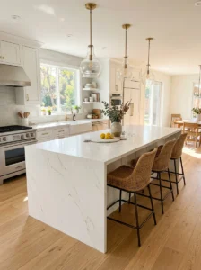 Alt Text: Open kitchen with a large island and woven bar stools.