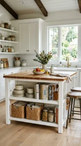DIY kitchen island with open shelving and decorative storage.