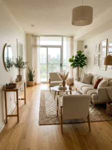 Symmetrical furniture layout balancing a long living room wall