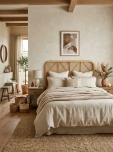 Earthy bedroom with woven textures, handmade decor, and natural materials.