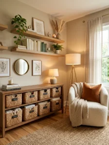 Organized cozy room with woven baskets and floating shelves.