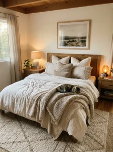 Oversized comfy bed with layered bedding and warm cozy decor.