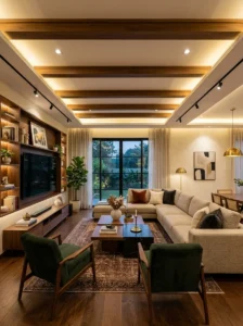Modern POP ceiling with warm wooden ceiling accents