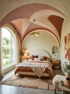 Large painted ceiling shapes in a modern artistic bedroom