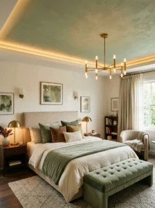 Soft painted ceiling in a modern luxury bedroom