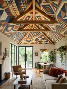 Modern geometric painted ceiling adding artistic style to a room