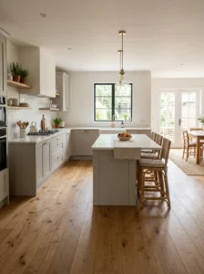Open kitchen layout with practical flow and warm modern styling.