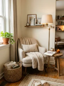 Cozy reading corner in a small neutral bedroom space.