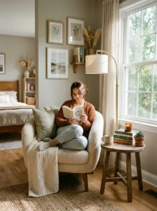 Cozy reading corner with chair, books, and soft lighting in an aesthetic bedroom.