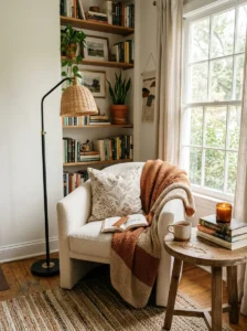 Aesthetic reading corner with comfortable chair, books, and warm lighting.