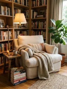 Cozy reading corner with comfortable seating and warm lighting.