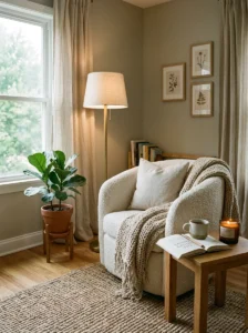 Cozy reading corner with soft textures and warm lighting.