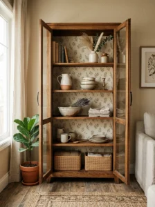 Wallpaper-lined cabinet shelves inside restored furniture