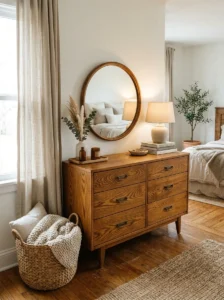 Sanded and restained wood dresser in a cozy neutral bedroom