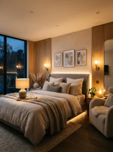 Aesthetic bedroom with warm ambient lighting and cozy decor.