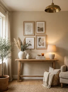 Cozy room with simple framed wall art and neutral decor.