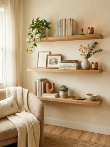 Aesthetic room with open shelving styled using books and decorative objects.