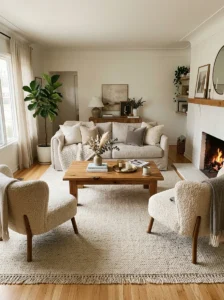 Large neutral rug anchoring furniture in a long living room