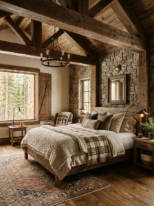 Rustic bedroom with natural wood textures and cozy cabin-inspired decor.