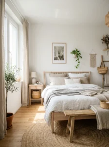 Alt Text: Scandinavian minimalist bedroom with light wood furniture and cozy decor.