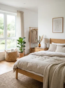 Scandinavian bedroom featuring light wood furniture and cozy neutral decor.