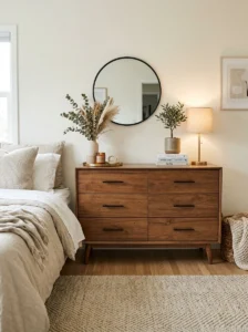 Modern matte black hardware on restored secondhand furniture