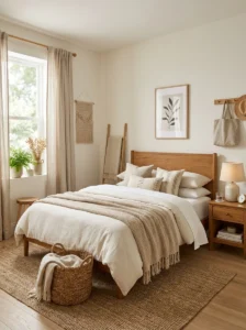 Bright airy small bedroom with warm neutral styling.