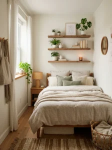 Small room with floating shelves and cozy modern decor.