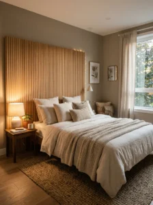 Small bedroom with oversized statement headboard and soft decor.