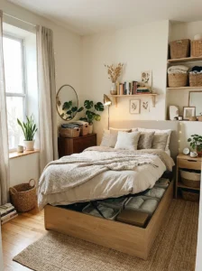 Small room with hidden storage and organized cozy decor.