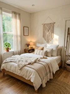 Small cozy bedroom with soft layered neutral bedding.