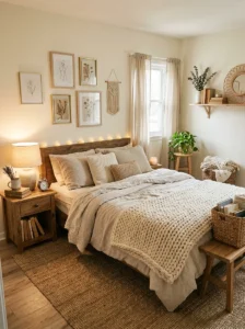 Small cozy room with layered textures and warm neutral tones.