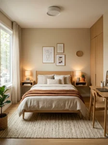 Small bedroom with slim furniture and open airy floor space.