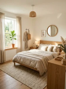 Small room with light neutral paint and cozy natural decor.