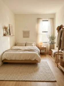 Airy small bedroom with open floor layout and soft textures.