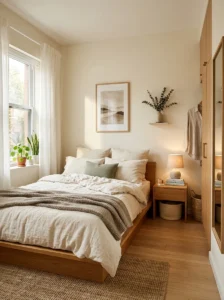 Small bedroom with low bed and airy modern decor.