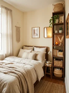 Small bedroom with vertical storage and warm cozy decor.