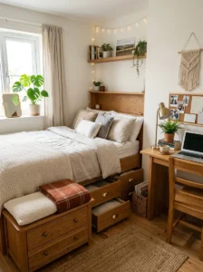 Small bedroom with smart multifunctional furniture and cozy decor.