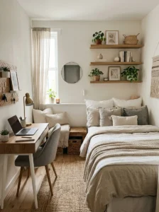 Small room with multifunctional furniture and cozy styling.