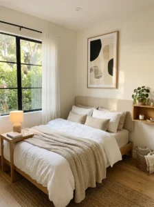 Small room with elevated wall art and airy neutral decor.