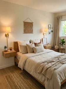 Small bedroom with wall sconces and cozy warm lighting.