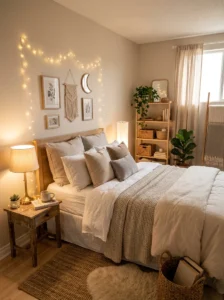 Small room with warm cozy lighting and soft decor styling.