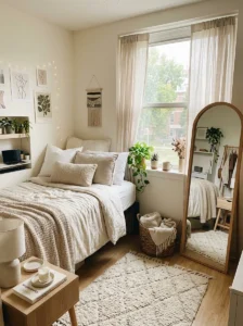 Dorm room with full-length mirror reflecting natural sunlight.
