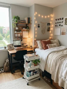 Dorm room with rolling storage cart and organized cozy layout.